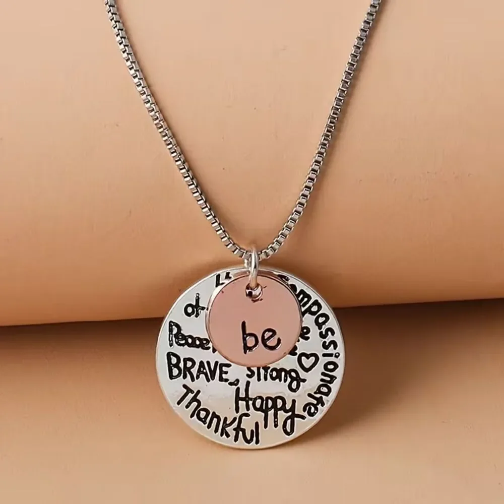 2-Tone Silver Inspiration Quote Pendant Necklace Etched Charm Brave Strong Happy